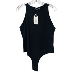Reoria Size XL Bodysuit Sleeveless Black Stretch Fitted High Neck Top